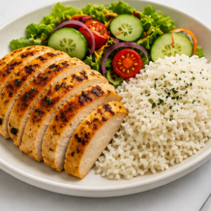 chicken breast with rice & side salad